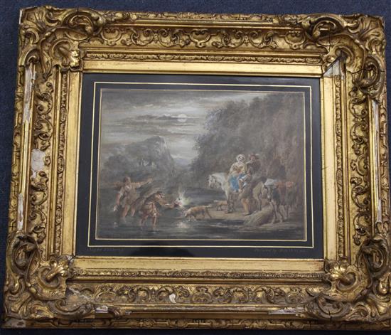 Attributed to Jan Wyck (1640-1702) Hawking and Night Fishing 7.75 x 10.5in.
